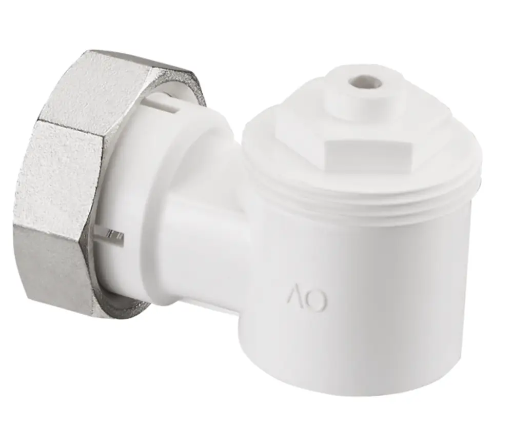 Winkeladapter von Oventrop für einen Ventil-HK Gewindeanschluss, aus weißem Material, mit einer hexagonalen Metallmutter zur Befestigung.